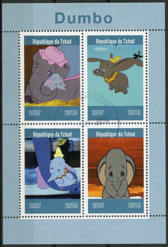 Chad 2019 CTO Dumbo 4v M/S Elephants Disney Cartoons Animation Stamps 