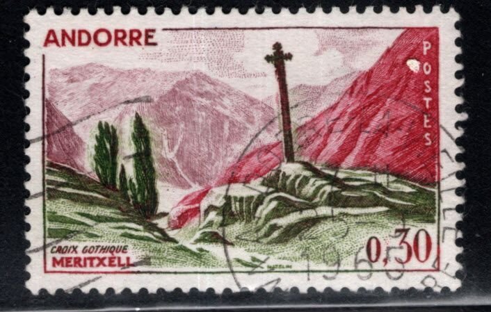 (French) Andorra Scott 148 Used Gothic Cross at Meritxell stamp similar cancels