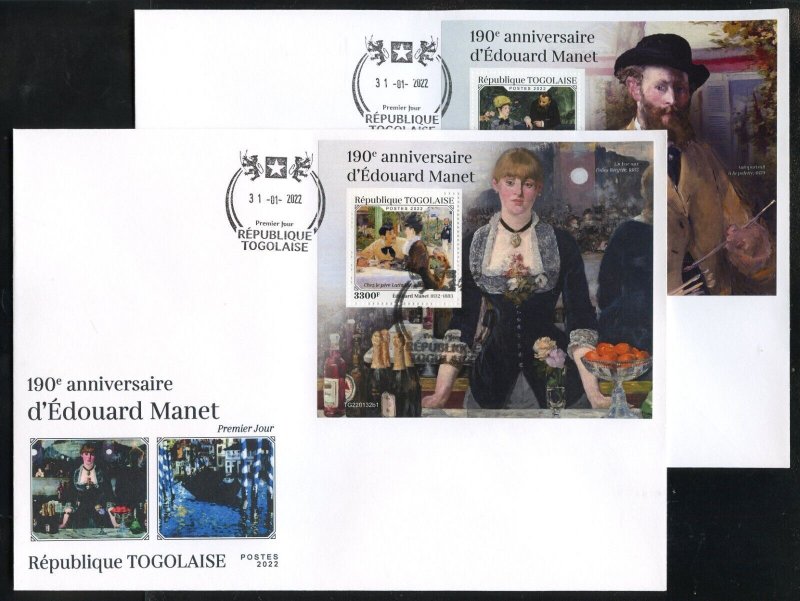 TOGO 2022 190th BIRTH  ANNIVERSARY OF EDOUARD MANET  S/SHEET SET FIRST DAY COVER