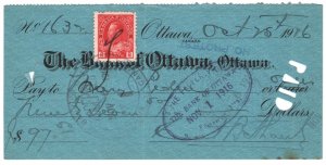 CANADA CHEQUE Bank of Ottawa 1916 KGV Stamp 2c {samwells-covers} KA118