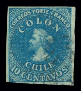 CHILE 1862 COLUMBUS  - London print - 10c bright blue Sc# 12 used VF