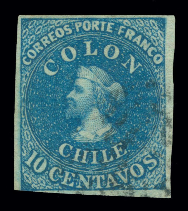 CHILE 1862 COLUMBUS  - London print - 10c bright blue Sc# 12 used VF