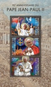 C A R - 2015 - Pope John Paul II - Perf 3v Sheet - Mint Never Hinged