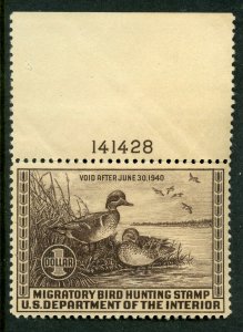 US Scott RW6 Green Winged Teal Duck  Stamp Mint VF NH with THIN $225.00