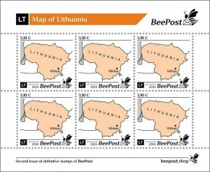 BEEPOST LITHUANIA - 2024 - Map of Lithuania - Perf 6v Sheet -M N H-Private Issue