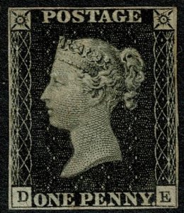 GB 1d Black DE Plate 1b. MOUNTED MINT. Showing roller flaw.