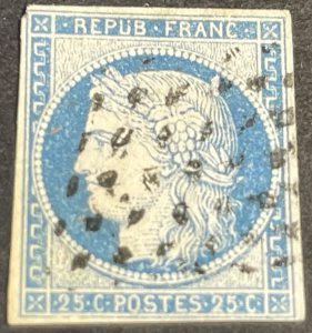 FRANCE # 6b-USED---SINGLE--BLUE/YELLOWISH PAPER--IAI--1849