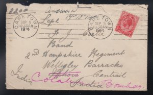 South Africa 1914 Capetown Wellesley Barracks MHOW INDIA Redirected Bombay Cover