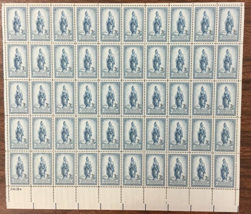 989   Freedom Statue, Capitol Dome  MNH 3¢ sheet of 50  Issued in 1950