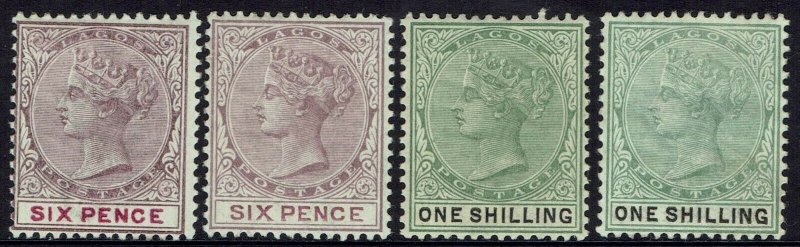 LAGOS 1887 QV 6D AND 1/- BOTH SHADES OF EACH 