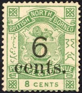 North Borneo SG55 6c on 8c yellow green Mint (no gum as normal) Cat 30 Pounds