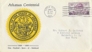 1936 FDC, #782, 3c Arkansas 100th, Linprint