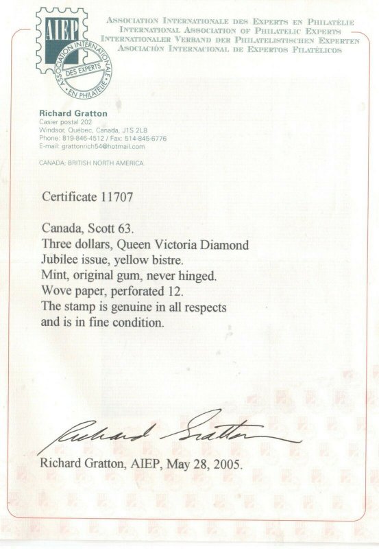 Canada #63 Mint Never Hinged Fine+ **With Certificate**