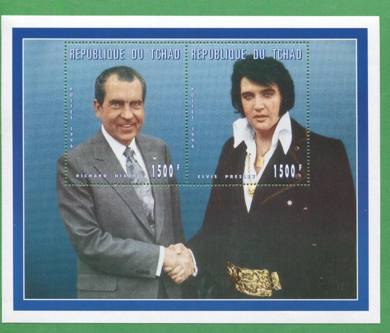 Elvis Presley President Richard Nixon Shake Hands Souvenir Stamp Sheet Chad E60