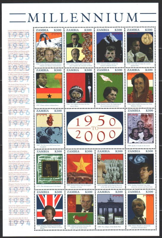 Zambia. 2000. Small sheet 1085-1102. Millennium, Indira Gandhi, Gorbachev, Th...