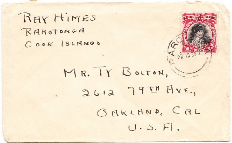 COOK ISLANDS cover postmarked Rarotonga, 25 Jan. 1935 to USA