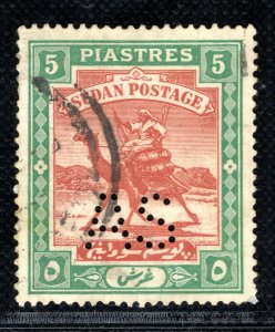 SUDAN KGV Army Official Stamp SG.A24a 5pi *AS* Perfin (1913) Used c£50+ YGREEN81