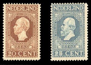 Netherlands #95-96 Cat$28, 1912 20c and 25c, hinged