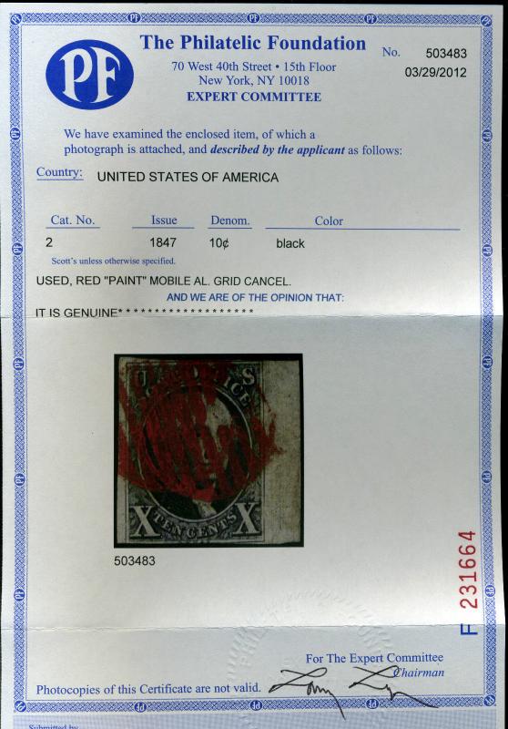 Scott 2 Washington Imperf Used Stamp w/PF Cert (2-35) Red Paint Mobile AL Cancel