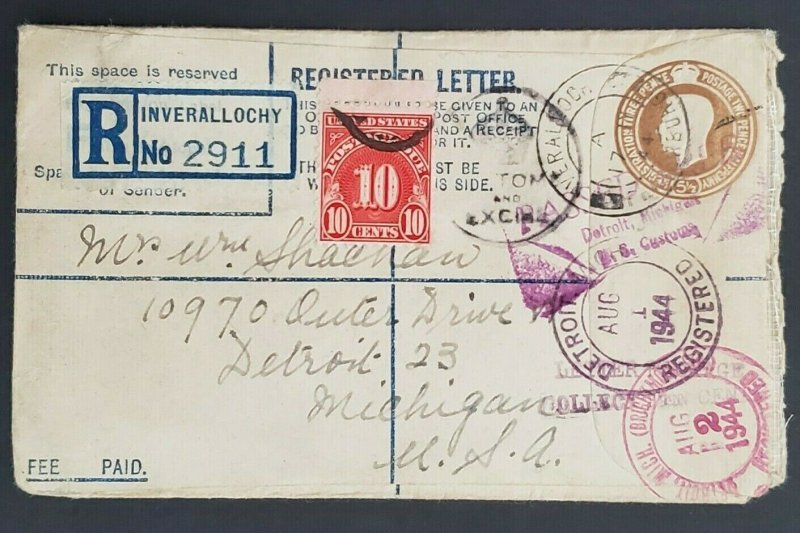 1944 Inverallochy Scotland to Detroit Michigan USA Registered WWII Cover