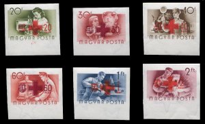 Hungary #B211-216 Cat$135, 1957 Red Cross, imperf. sheet margin set, never hi...