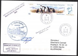 {A156} TAAF 2013 Ships L'Astrolabe Commandant Signature Antarctic Cover