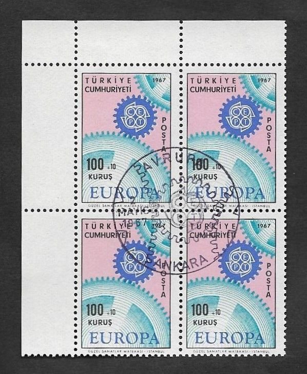 SE)1967 TURKEY, FROM THE EUROPA CEPT ISSUE SERIES, PIECES, B/4 CTO