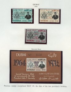 DUBAI 1964 JOHN F.  KENNEDY OVP'TS MAY 29: SET PERF AND SOUVENIR SHEET MINT NH