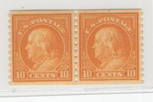 #497 10c Orange Yellow Coil Line Pair VF OG NH CV. $260 (JH 5/19/21) GP