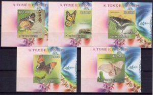 Sao Tome & Principe 2010 BUTTERFLIES (5) Deluxe s/s Imperforated Mint (NH)