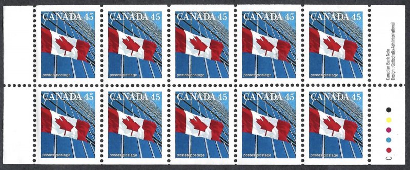 Canada #1362a 45¢ Flag over Building (1998). Pane of 10 stamps. MNH