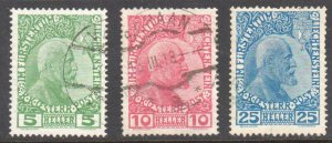 Liechtenstein #1 to 3 VF USED -- 1912  5h to 25h  Prince Johann II