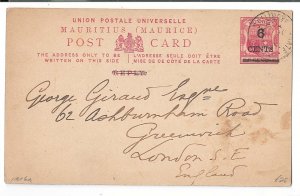 Mauritius 1909 6c on 8c Postal Card H&G16a Mauritius - Greenwich, London