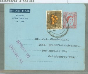 Ceylon  1962 Postal Stationery, 40c + 10c, From Colombo, Missent to Chicago