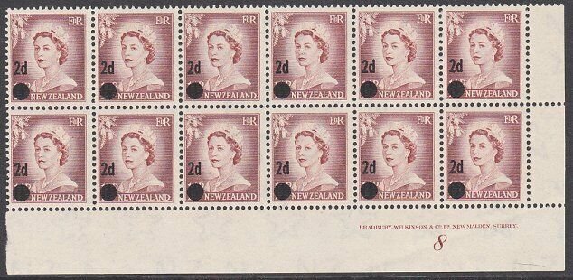 NEW ZEALAND 1958 2d on 2½d plate block of 12 - plate 8 mint.................1619