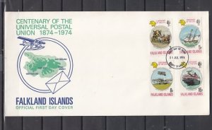 Falkland Is. Scott cat. 231-234. UPU Centenary issue. First day cover. ^