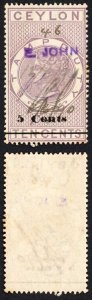 Ceylon BF 64 5 Cents Bar on 10c Lilac Stamp Duty