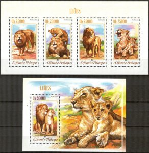 Sao Tome and Principe 2014 Wild Cats Lions sheet + S/S MNH