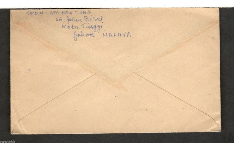 1959 cover Kota Tinggi Johore - Vancouver BC Johore ##133 & #138 Malaya #80