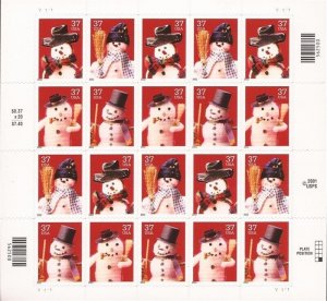 US Stamp - 2002 Christmas Snowmen - 20 Stamp Sheet - Scott #3676-9