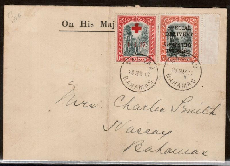 Bahamas #E1c Very Fine Used On Rare Cover With #B1 Double Overprint One Inverted