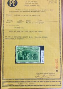 {BJ Stamps}  243  $3 Columbian Mint OG PF Cert. bright yellow green shade  SOUND