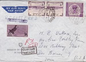 Pakistan 1961 Cover From the Swiss Embassy Karachi Registered Airmail to Iowa.