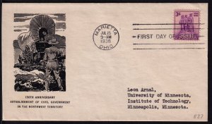 1938 Northwest Territory Sc 837-28 FDC with Davenport cachet, Marietta OH