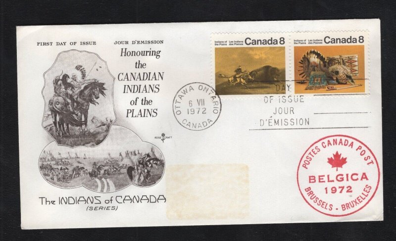 Canada #563a  (1972 Plains Indians pair) addressed Rosecraft cachet Belgica '72