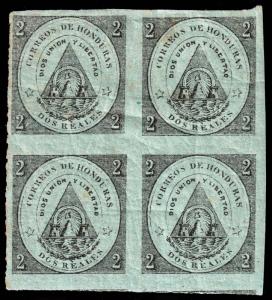 Honduras - Scott 1 - Mint-Hinged - Block-of-Four - Dirty Face - Thin