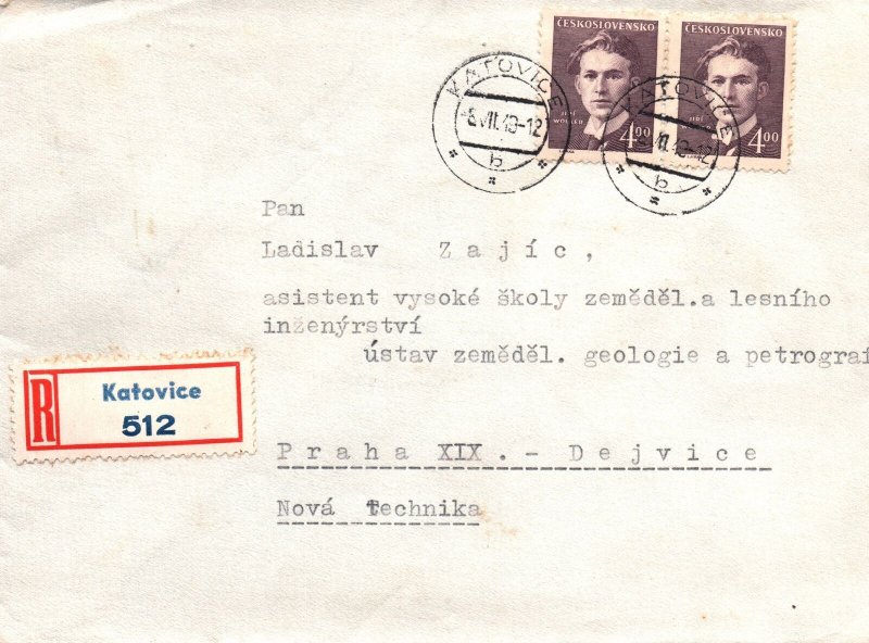 CZECHOSLOVAKIA COVER FROM KATOVICE TO NEW TECHNION IN PRAGUE 1949 REAR LABELS