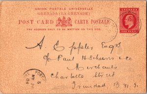 Grenada 1d KEVII Postal Card 1904 St. George's, Grenada to Port of Spain, Tri...