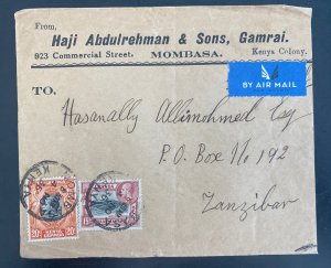 1936 Mombasa Kenya airmail Commercial Cover To Zanzibar