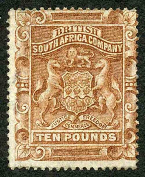 Rhodesia SG13 1892 Ten Pound Brown Regummed (grubby)